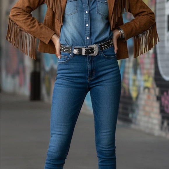 Kathy Van Zeeland Black Western Rhinestone Studded Belt Size Medium Y2K Bling - Picture 7 of 11